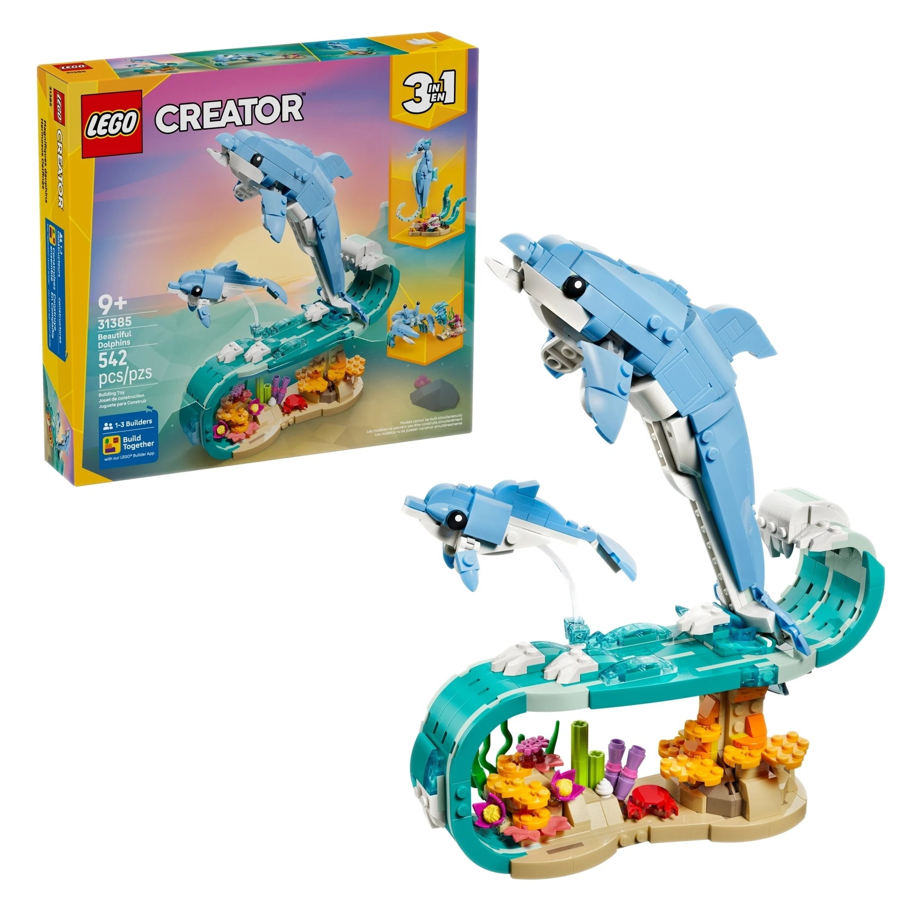 Zestaw LEGO z delfinami i podwodnym światem. Duży delfin wyskakuje z fali.