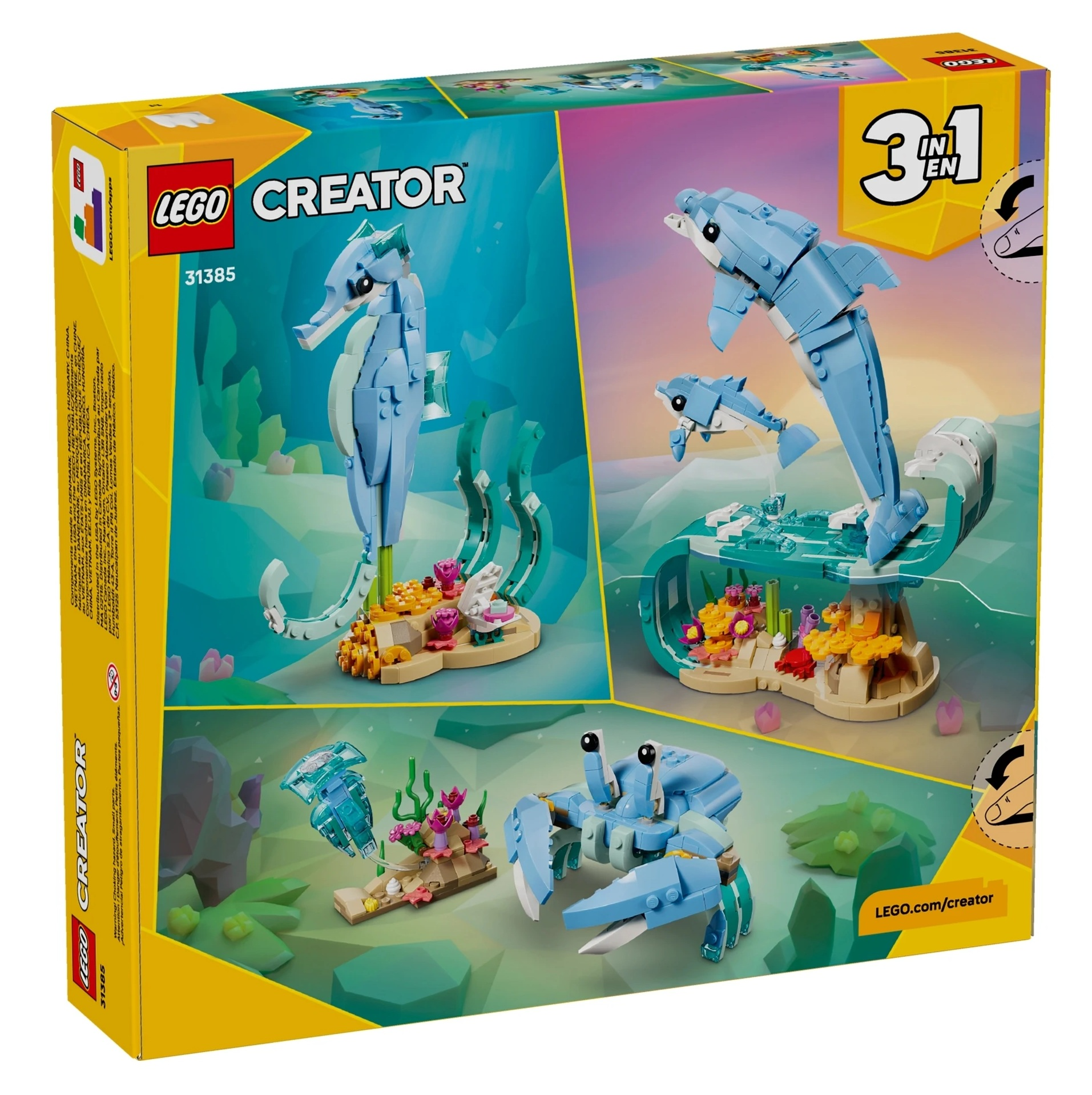 Pudełko LEGO Creator z podwodnymi budowlami: konik morski, delfiny i krab.