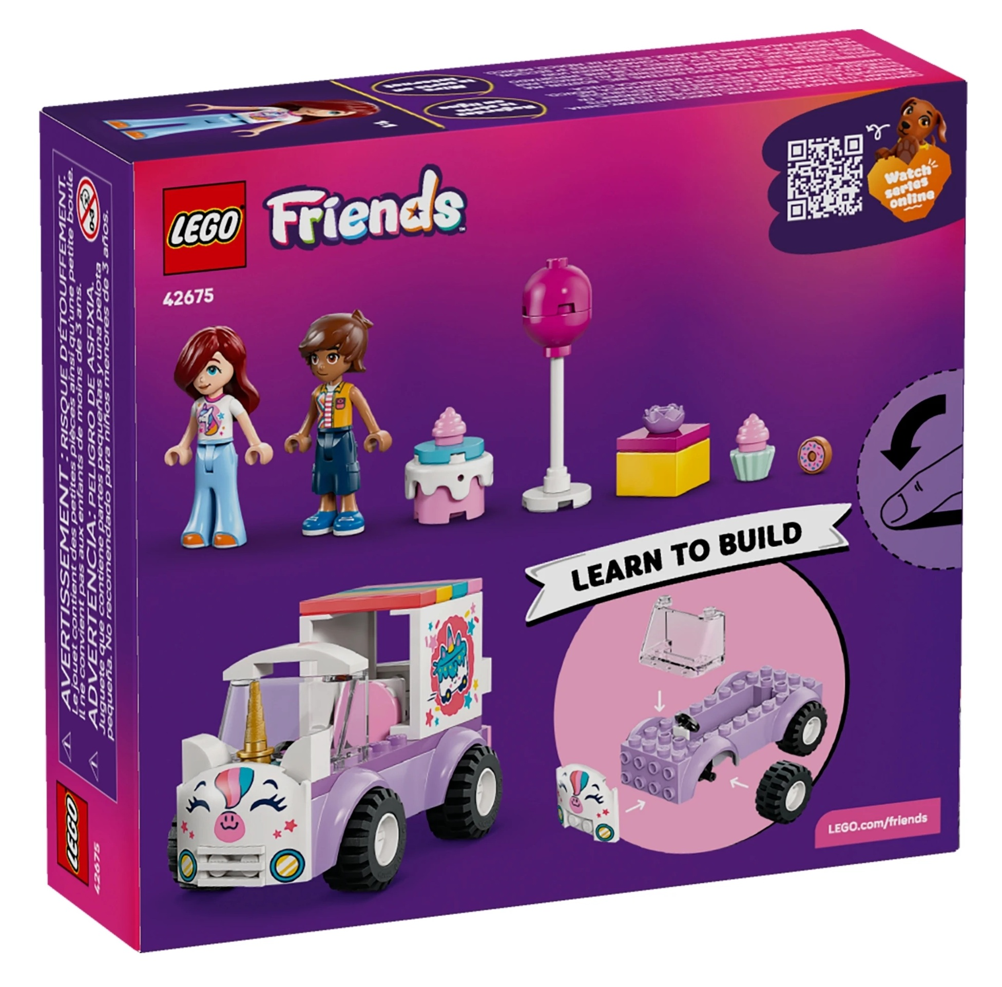 Pudełko Lego Friends z minifigurkami, pojazdem i elementami do budowy. Fioletowa ciężarówka z motywem jednorożca.