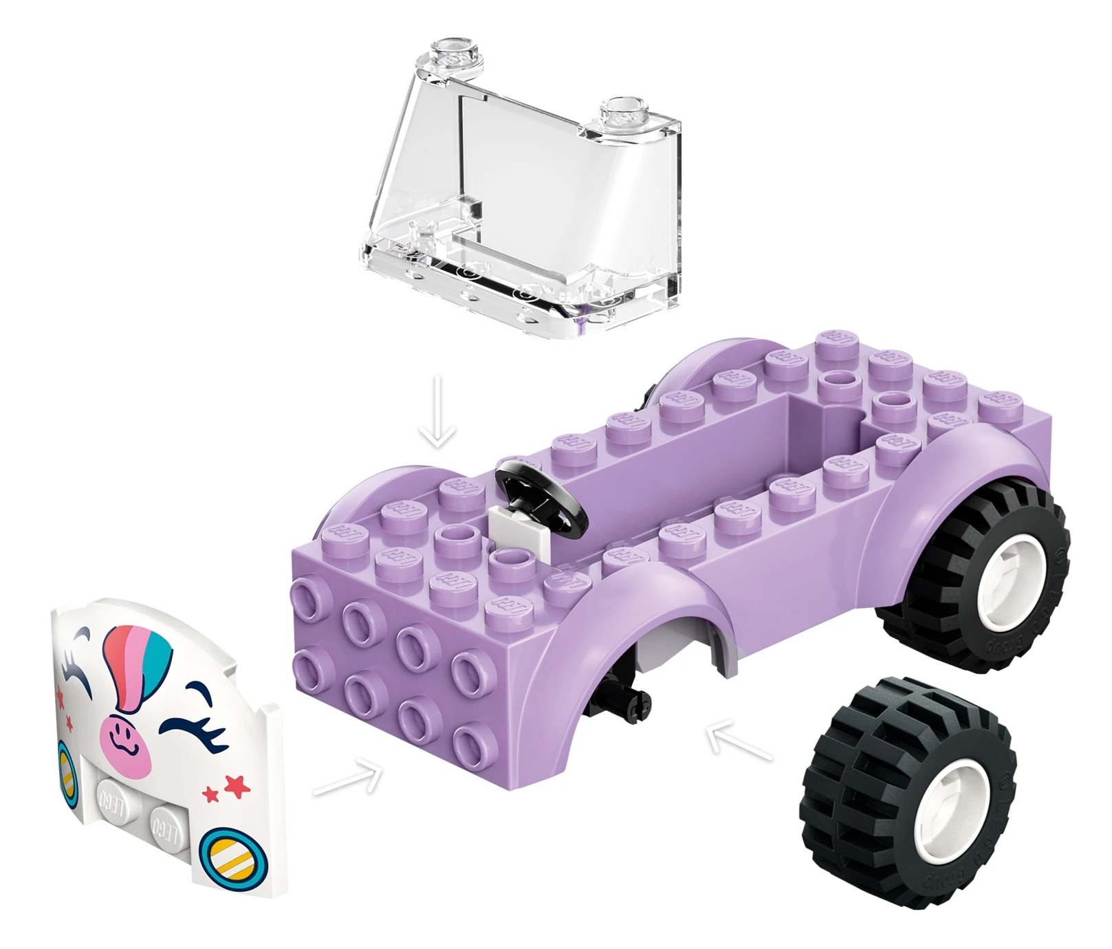 Fioletowy samochodzik Lego z kierownicą, przezroczystą częścią i jednorożcem.