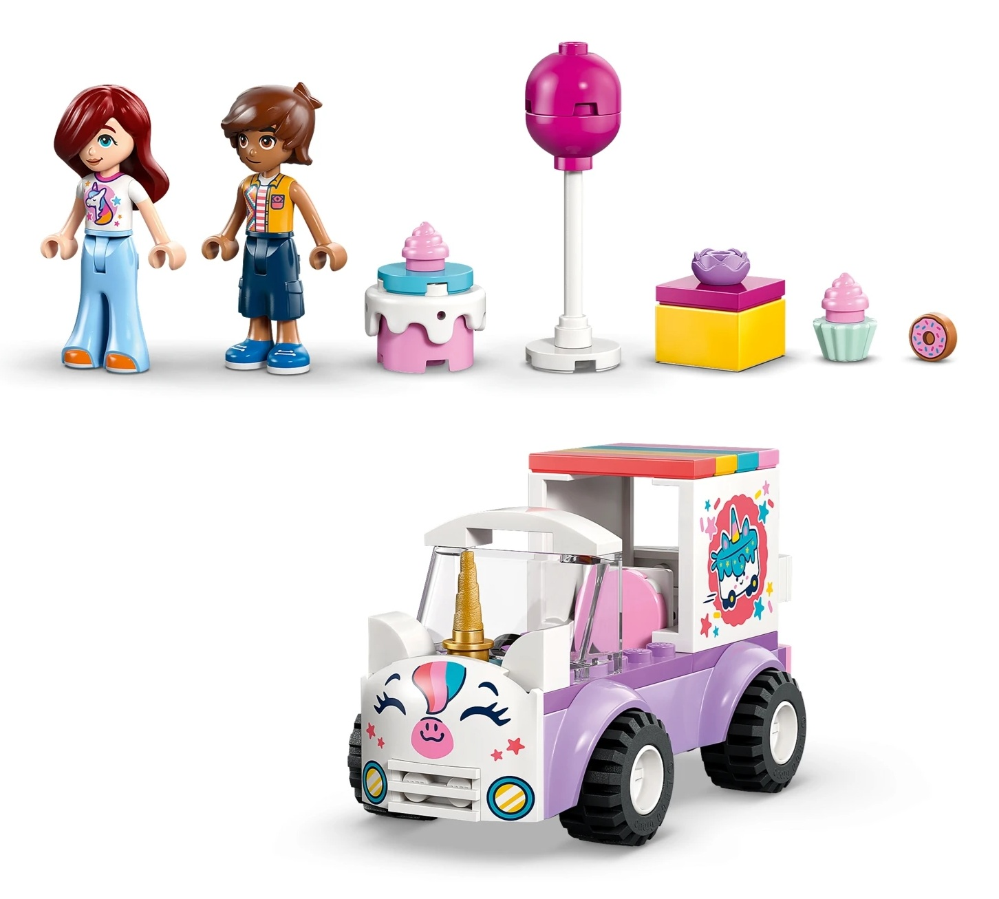 Dwie figurki, słodycze i samochód jednorożec.