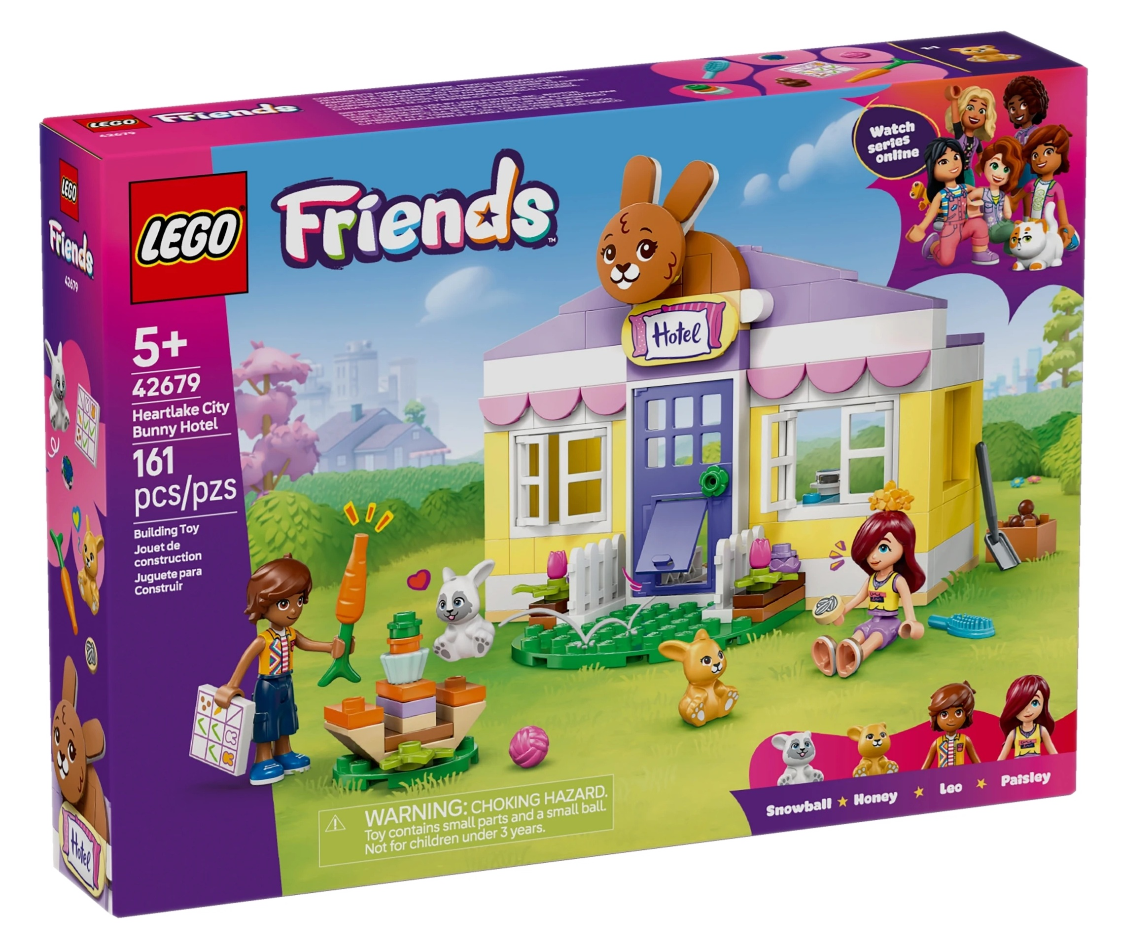 Pudełko zestawu LEGO Friends Hotel Króliczek z postaciami, zwierzętami i akcesoriami.