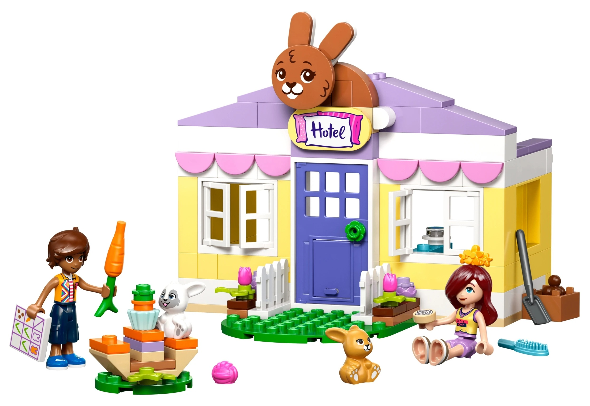 Hotel LEGO z motywem królika, dwie postacie, króliki i akcesoria. Żółty, fioletowy.
