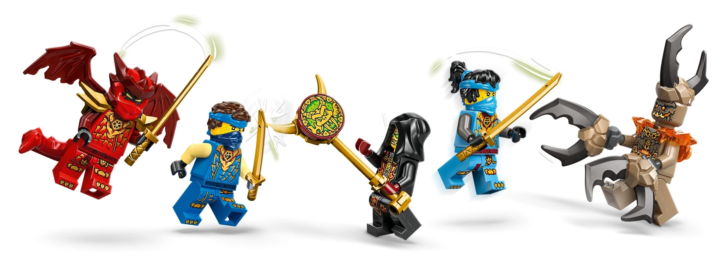 Pięć postaci LEGO Ninjago z bronią i czerwony smok na białym tle.