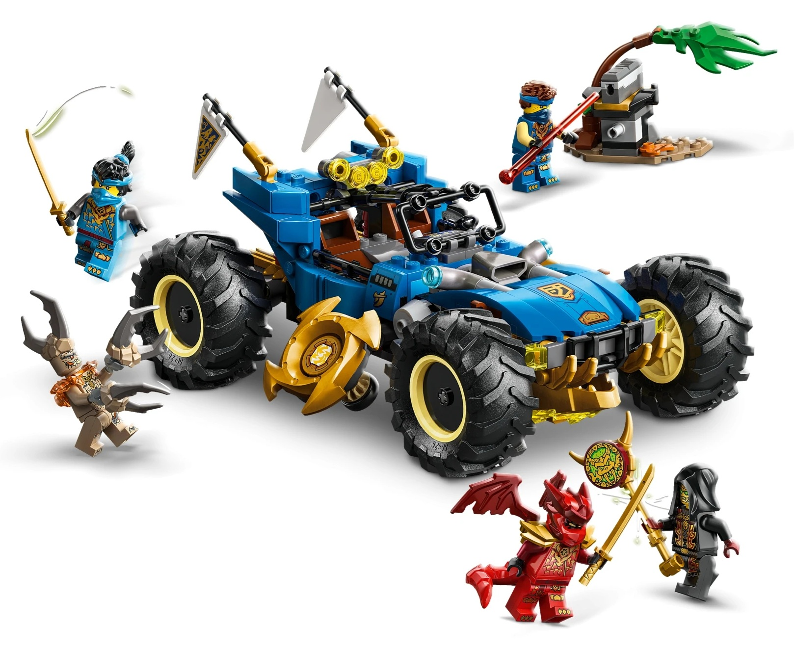 Niebieski pojazd Lego z dużymi kołami, otoczony figurkami Lego.
