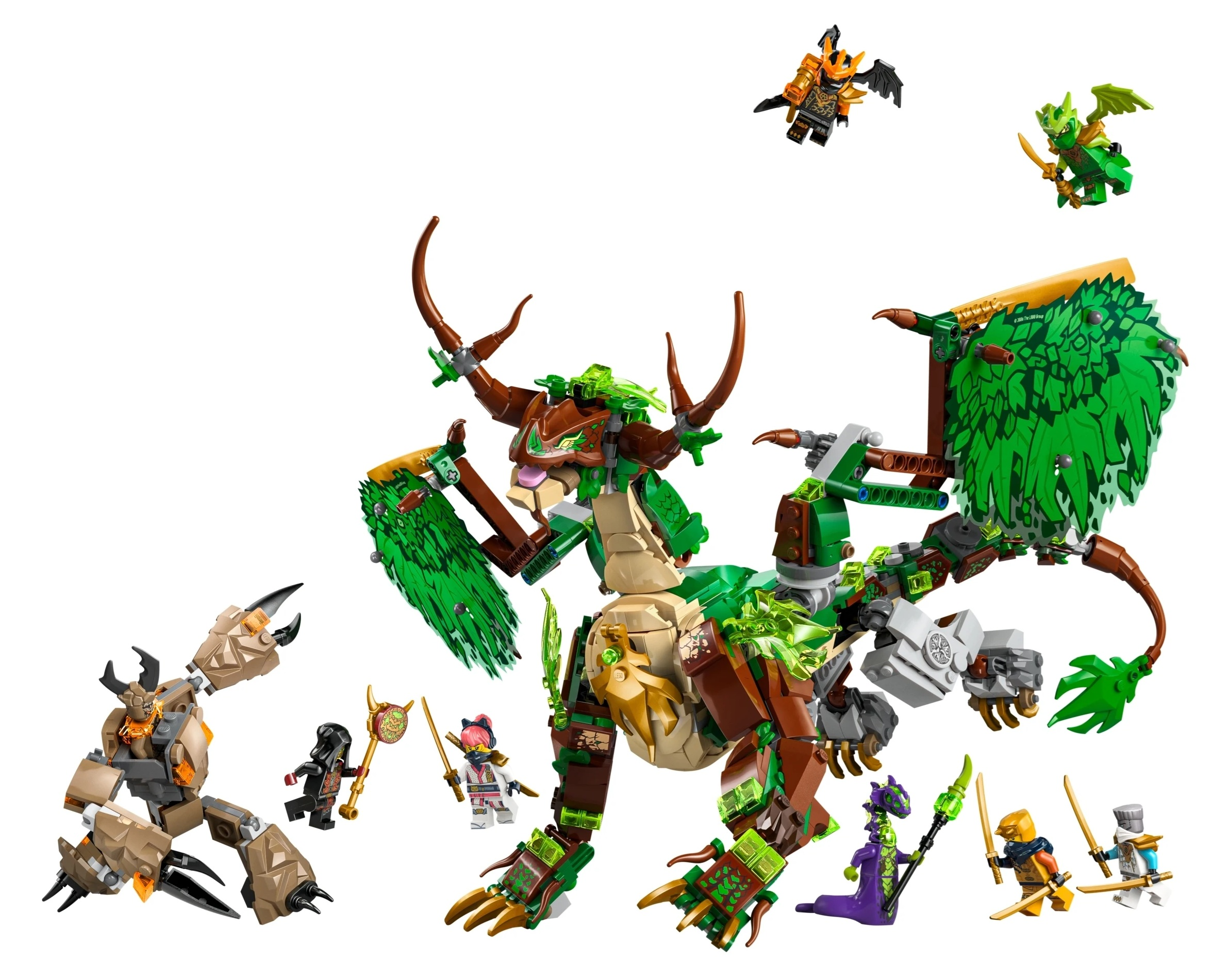 Figurki Lego: smok, robot, latający wojownicy z bronią.