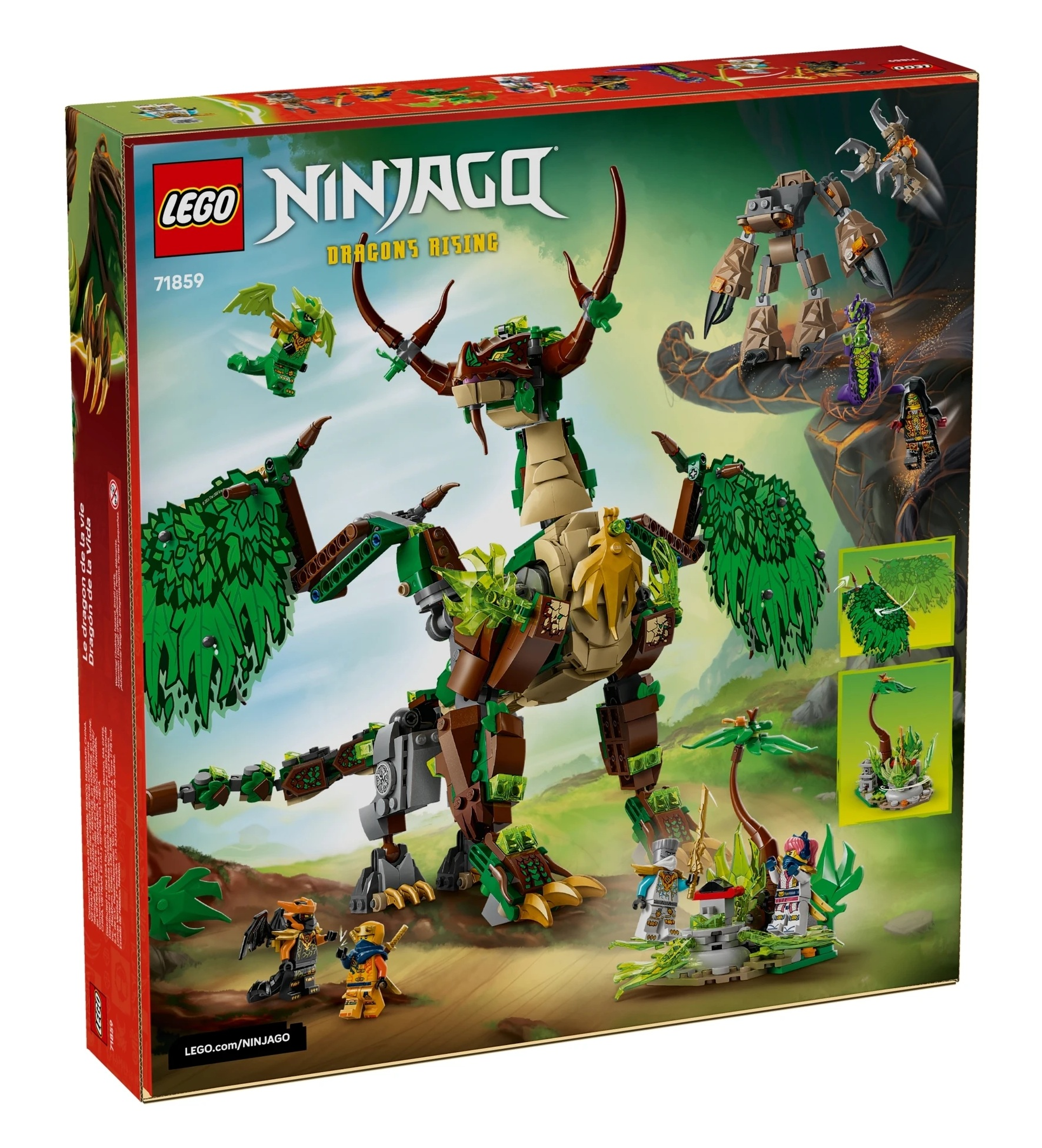 Pudełko LEGO Ninjago przedstawia dużego zielonego smoka i minifigurki.