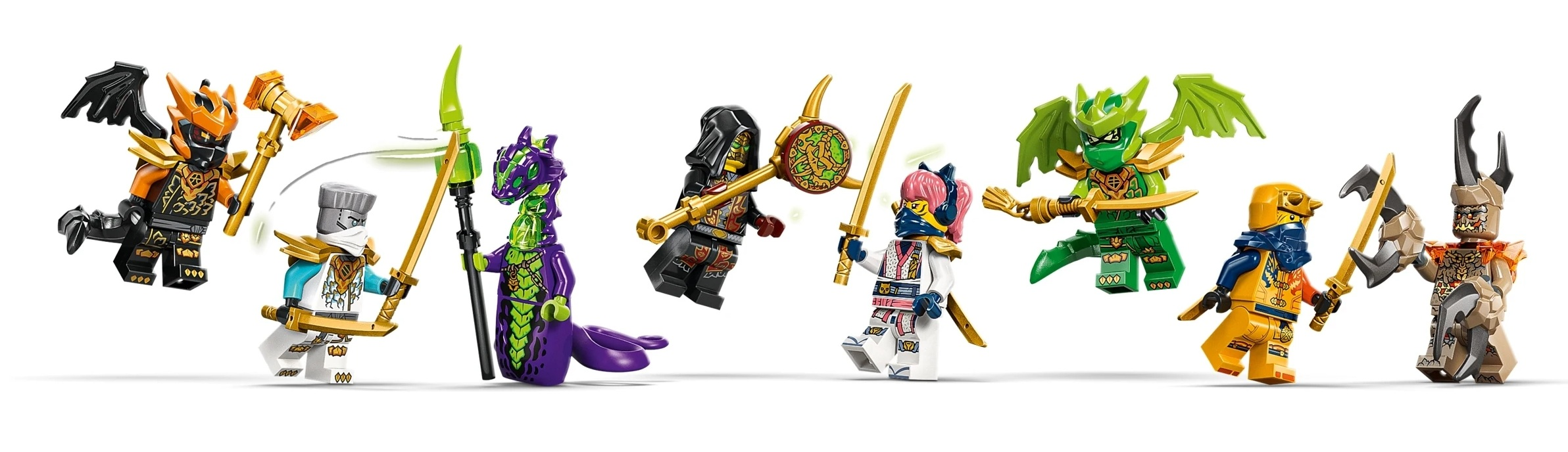 Ośmiu ninja Lego w pełnym rynsztunku z bronią na białym tle.