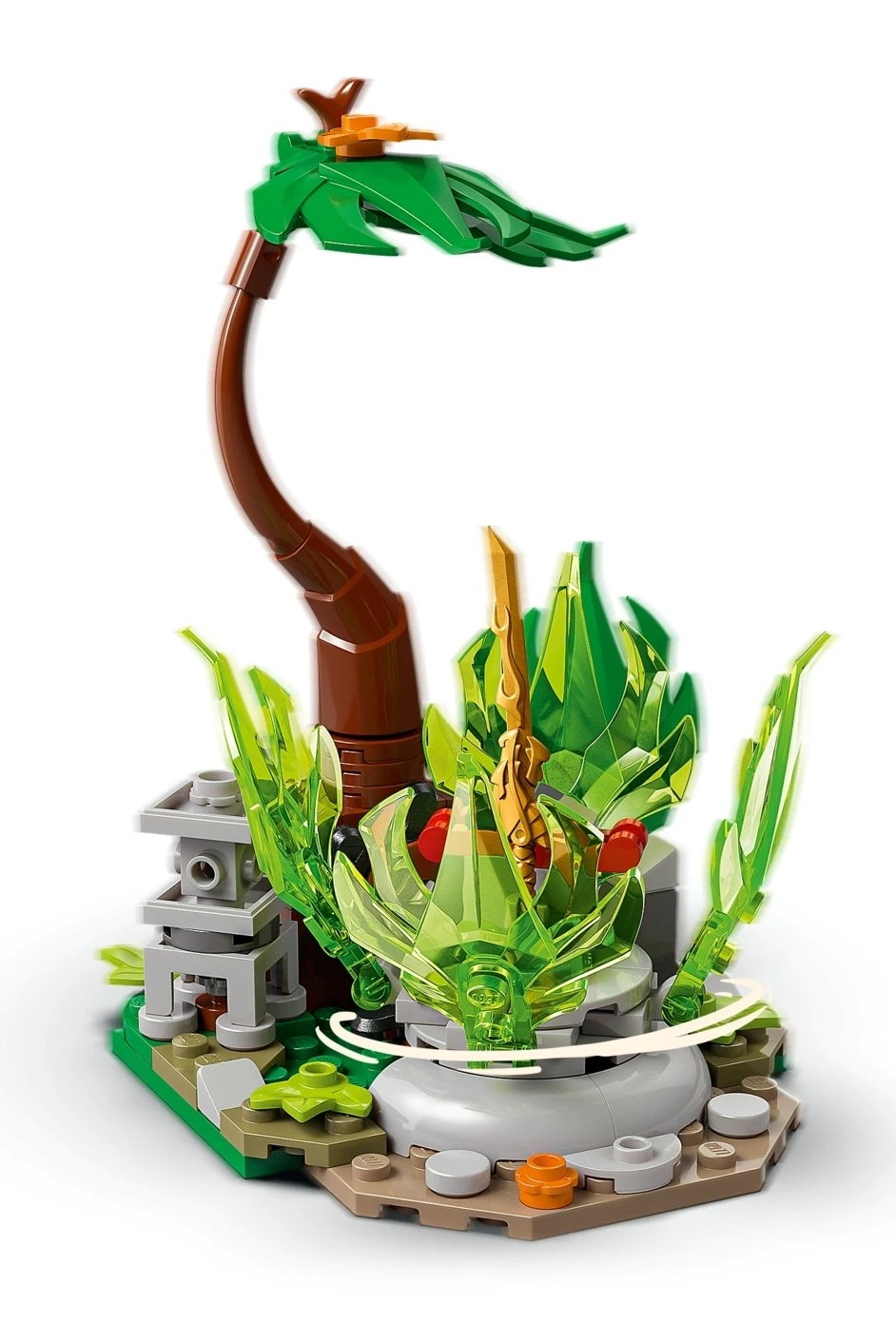 Model Lego z zielonym listowiem, brązowym pniem, kamienną pagodą i złotym ostrzem.
