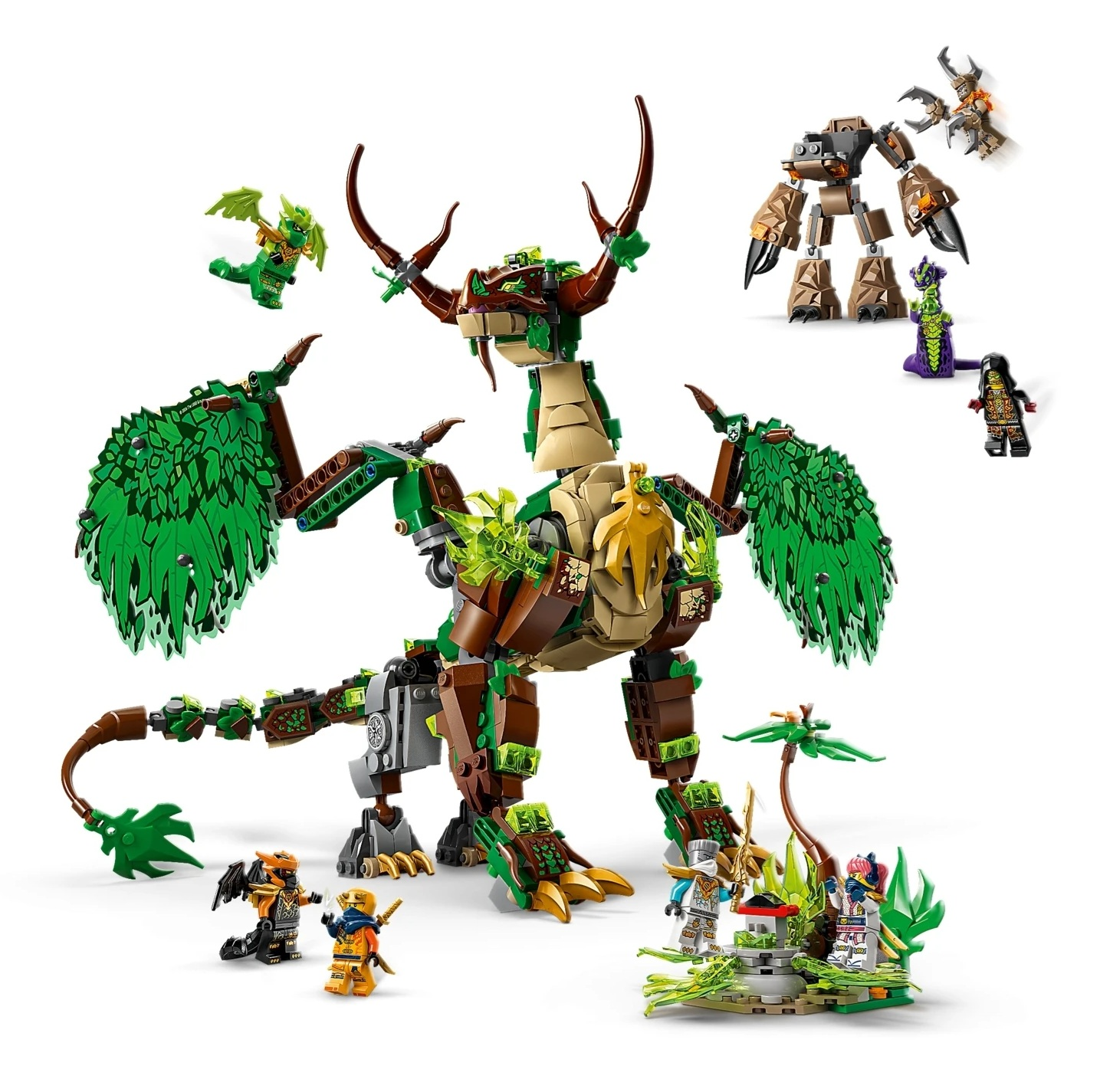 Zestaw Lego z dużym zielonym smokiem, postaciami i skalistym mechem.