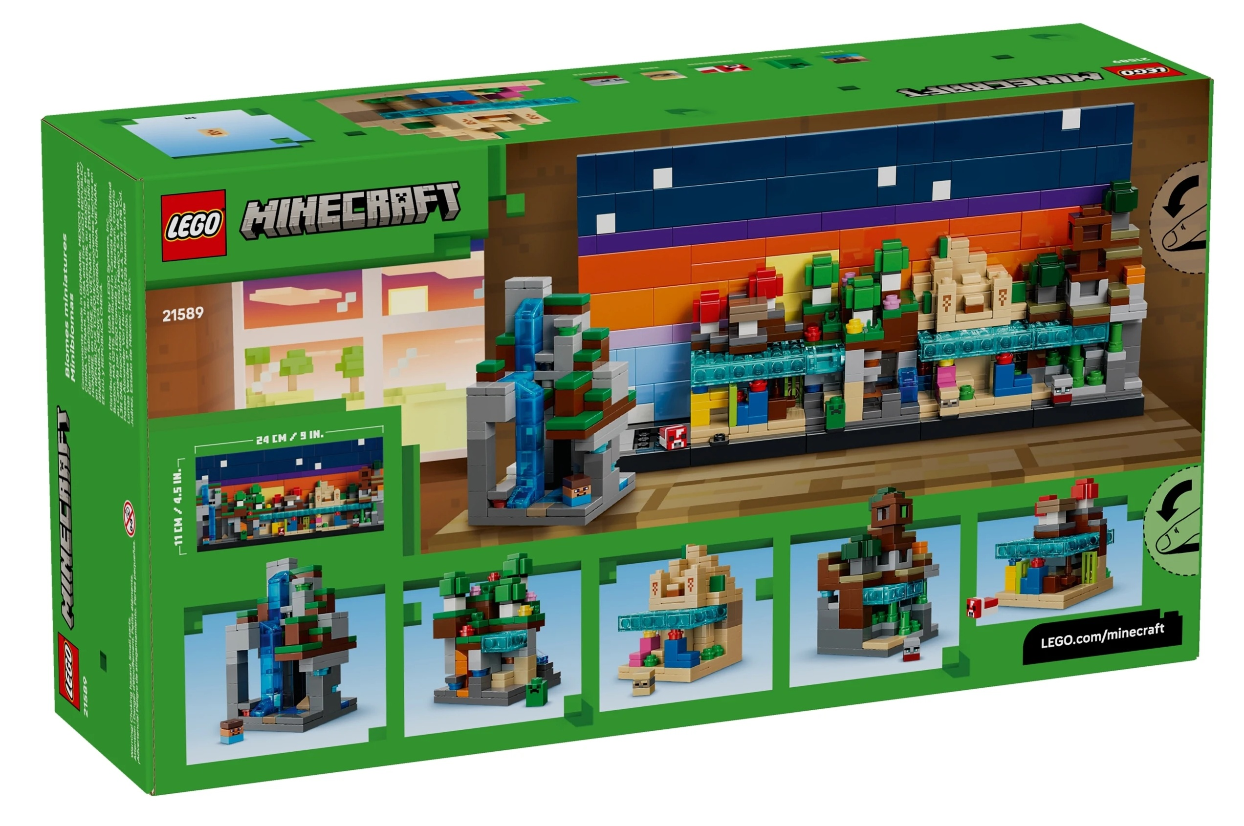 Pudełko LEGO Minecraft pokazuje kolorowe tło z kilkoma małymi modelami biomów.