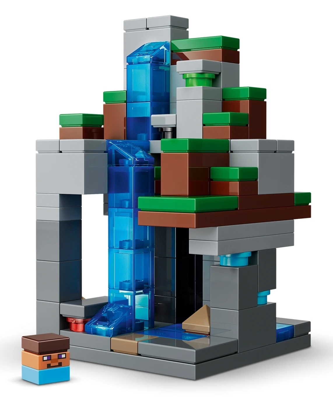 Budowla z klocków Minecraft z wodospadem i postacią.