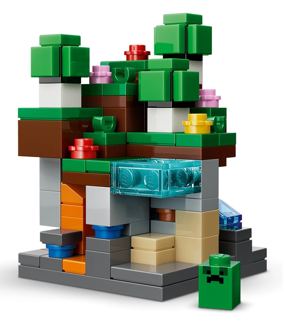 Budowla LEGO przedstawiająca krajobraz Minecraft z postacią Creepera.