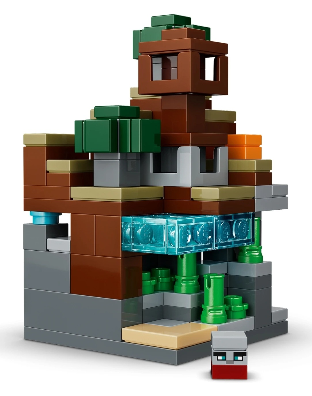 Konstrukcja z Minecraft z brązowych, zielonych i szarych klocków, z małą postacią.