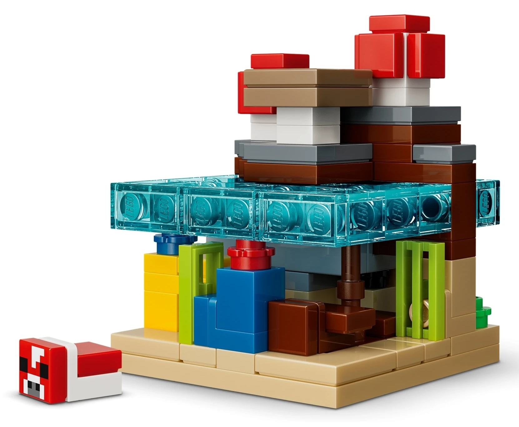 Dom grzybek Lego z niebieskim dachem wodnym i małą, czerwoną i białą postacią grzybka.