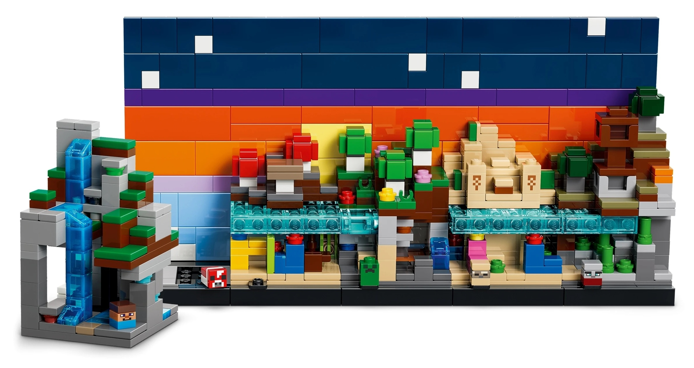 Kolorowy zestaw Lego Minecraft z wodospadem, drzewami i pustynnym krajobrazem.