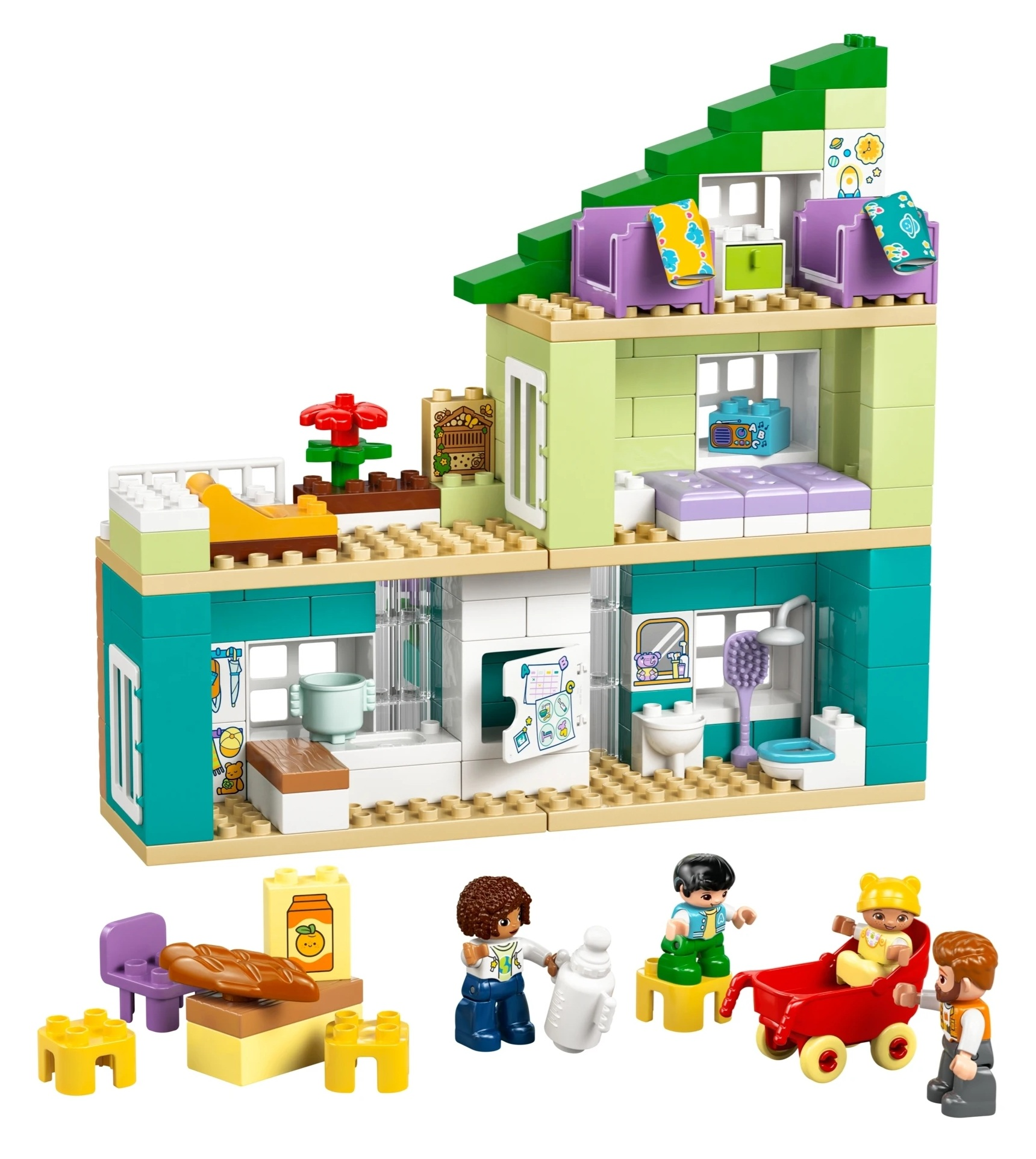 Kolorowy domek dla lalek Lego z figurkami, dzieckiem w wózku, jedzeniem i meblami.
