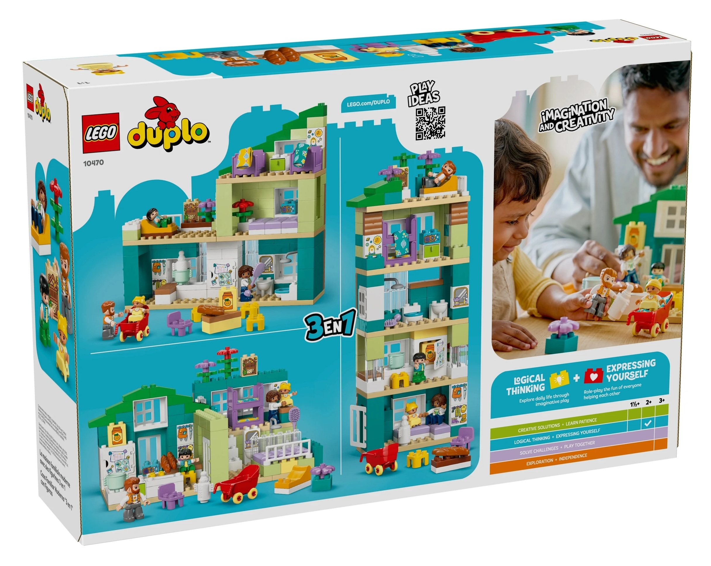 Pudełko LEGO Duplo przedstawia kolorowy dom z postaciami i scenkami.