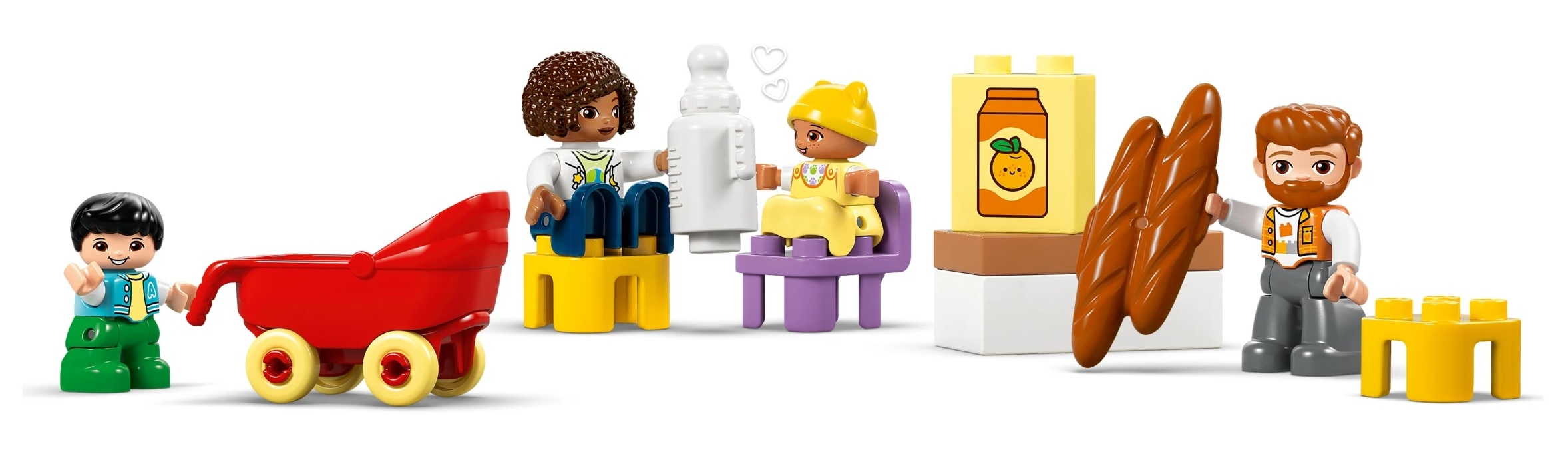 Figurki Lego z wózkiem, butelką do karmienia, sokiem pomarańczowym i chlebem.