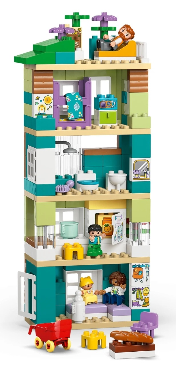 Kolorowy dom Lego z czterema piętrami, ludzikami i meblami.