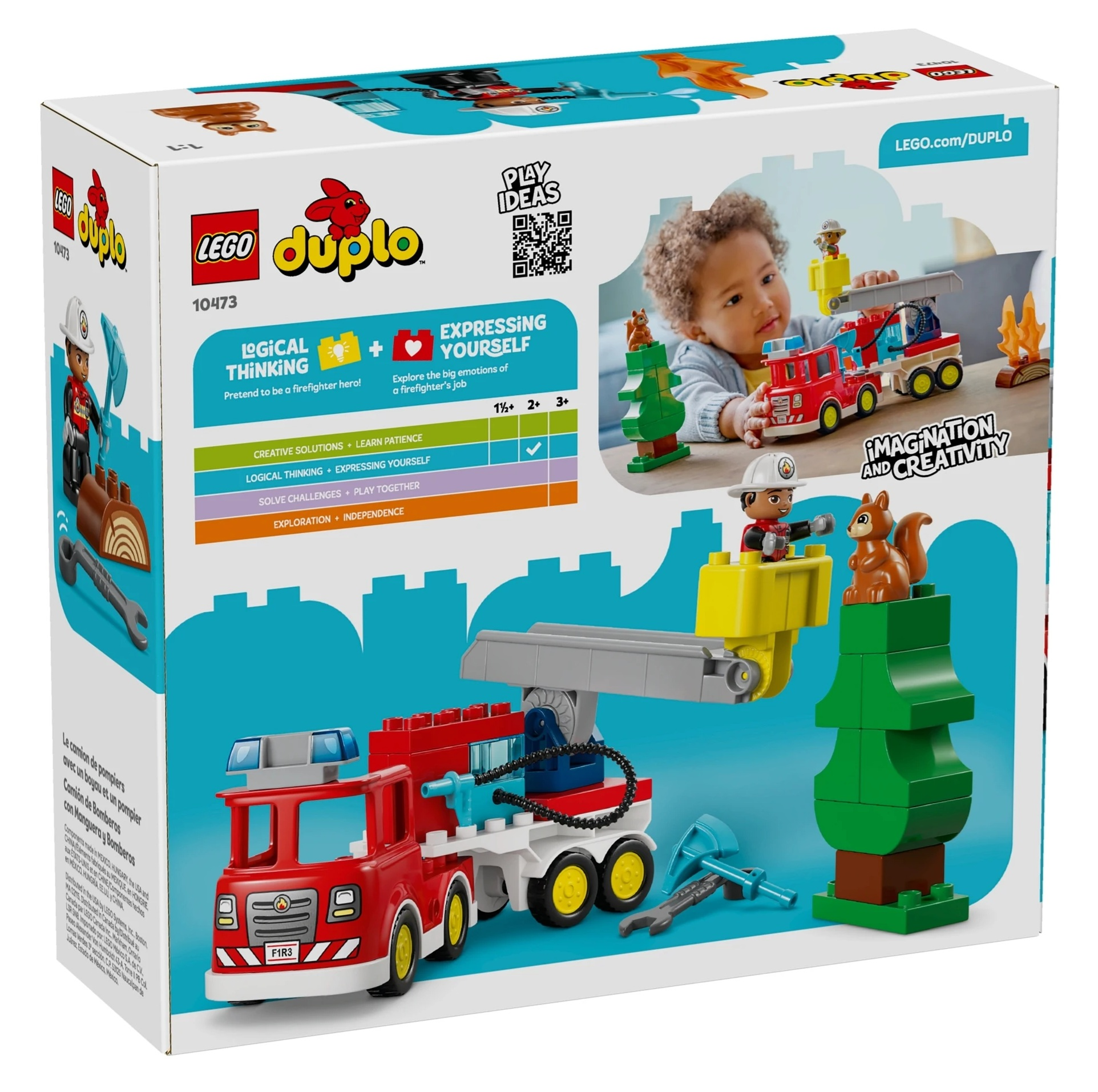 Zestaw zabawek strażackich LEGO Duplo z maluchem, wozem strażackim i drzewami.
