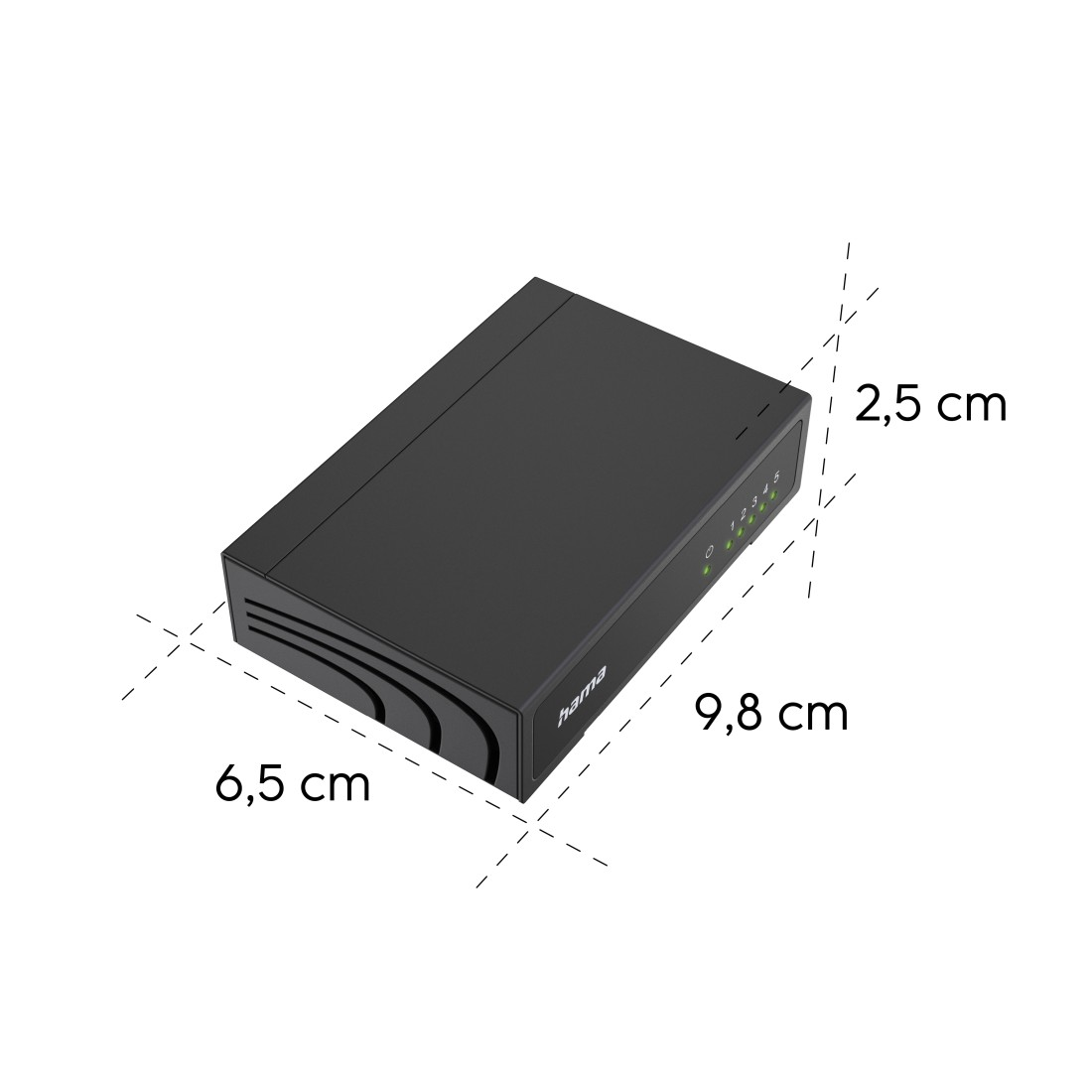 Schwarzer Netzwerk-Switch mit Maßen 9,8x6,5x2,5 cm und Status-LEDs.