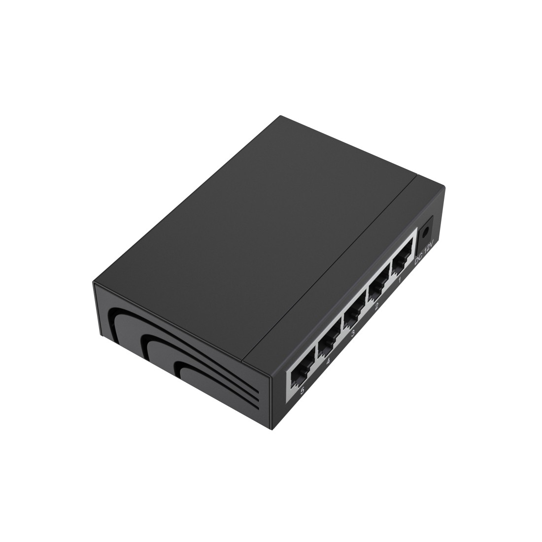 Ein schwarzer 5-Port-Netzwerk-Switch mit nummerierten Anschlüssen und DC 12V Eingang.