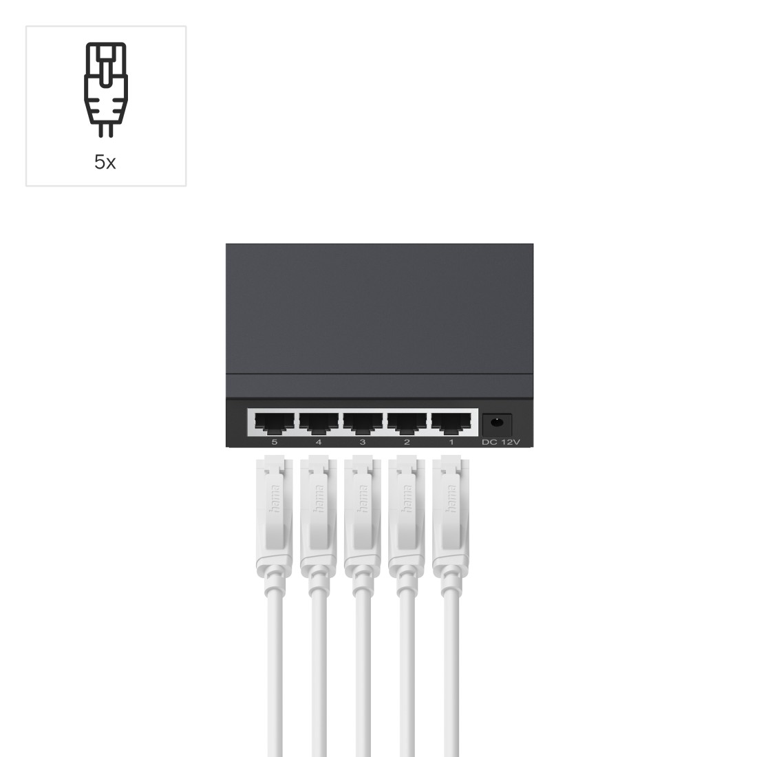 Ein schwarzer Netzwerk-Switch mit fünf Anschlüssen und fünf weißen Kabeln.