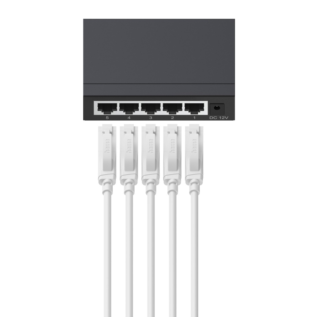 Ein schwarzer Netzwerk-Switch mit 5 Ports und 5 weißen Ethernet-Kabeln.