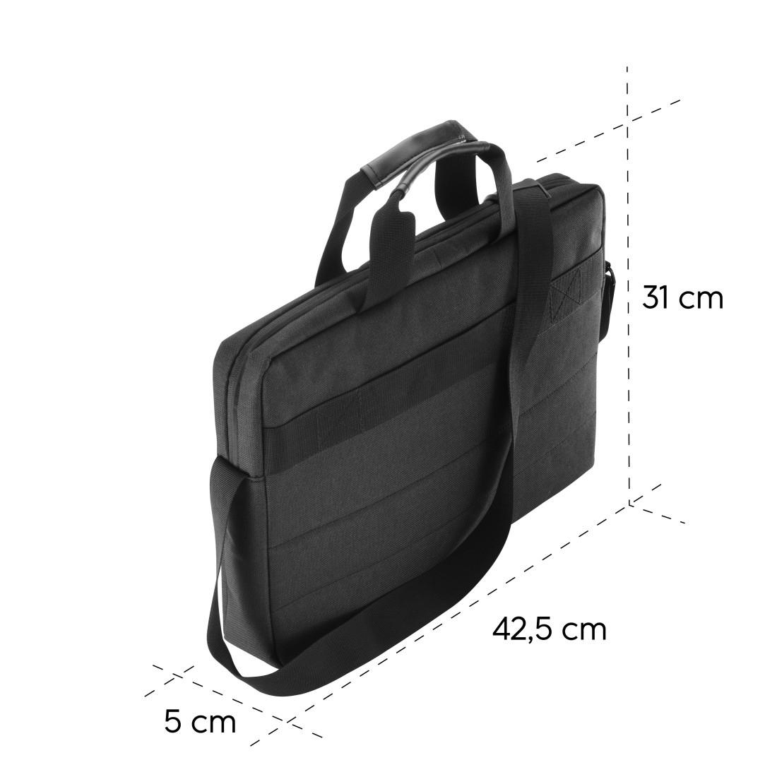 Schwarze Laptoptasche mit Henkel und Trageriemen. Maße: 42,5x31x5 cm.