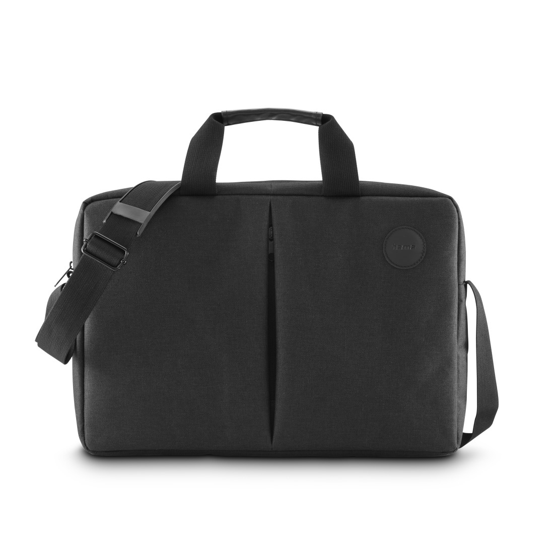 Eine schwarze Laptoptasche mit Tragegriffen und Schultergurt.