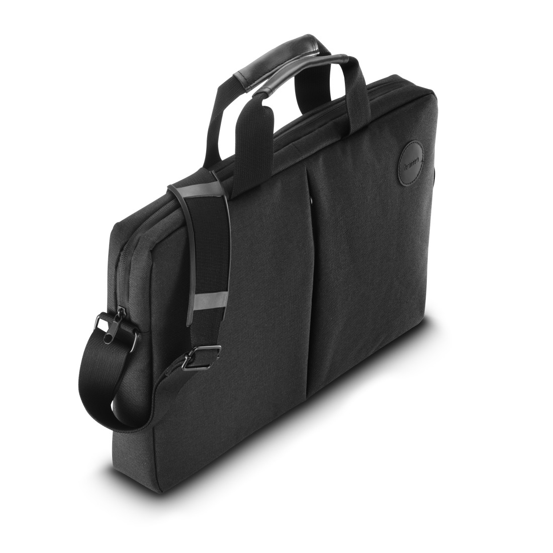 Schwarze Laptoptasche mit Griff und Schultergurt, auf weißem Hintergrund.