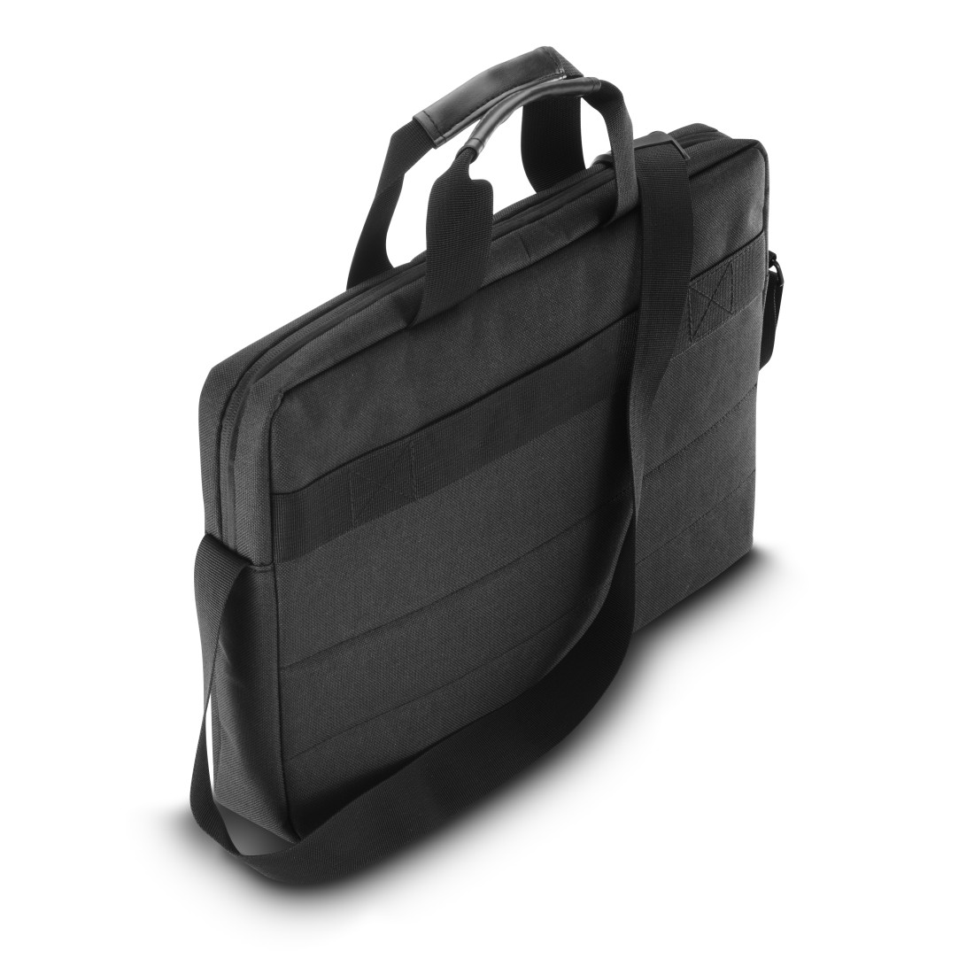 Schwarze Laptoptasche mit Tragegriff und Riemen auf weißem Hintergrund.