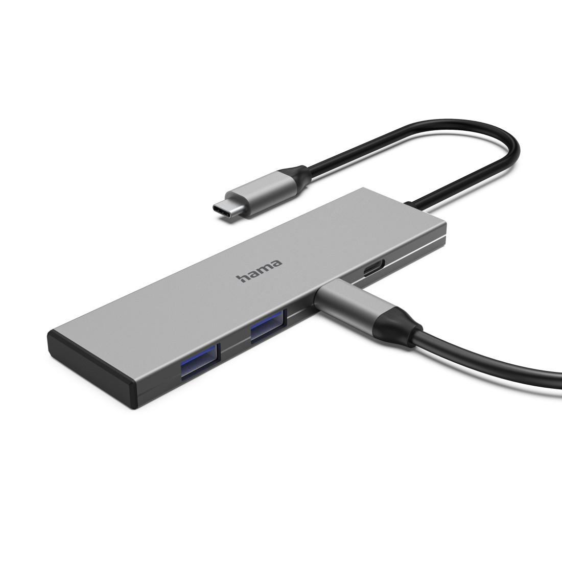 Grauer USB-C-Hub mit mehreren Anschlüssen und Kabeln auf weißem Hintergrund.