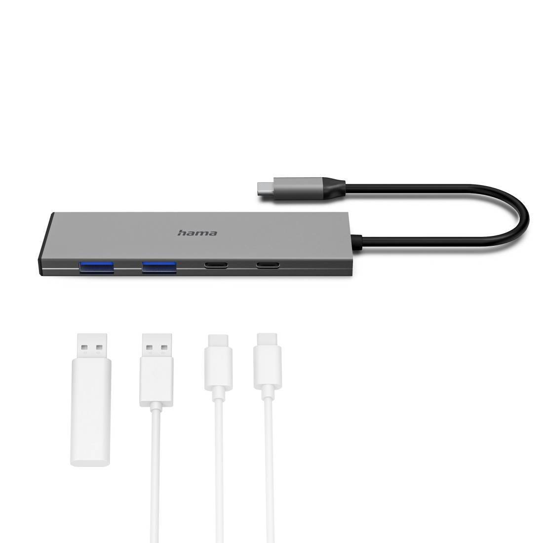 Grauer USB-C-Hub mit Anschlüssen und Kabeln auf weißem Hintergrund.