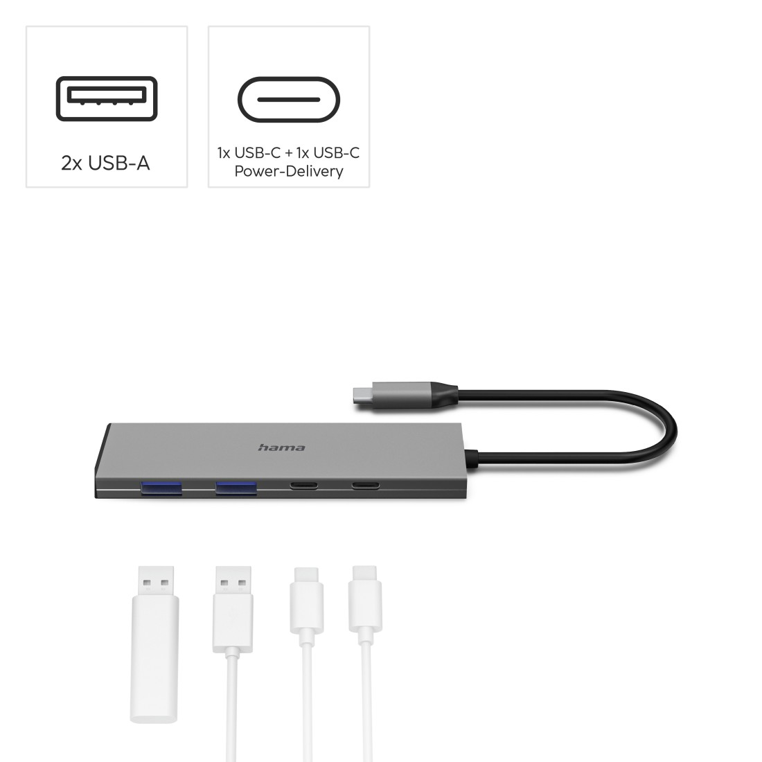 Grauer USB-C Hub mit zwei USB-A, einem USB-C und zwei USB-C Ladekabeln.