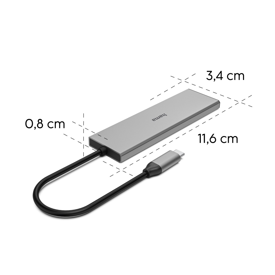 Grauer Hama USB-C Hub mit Kabel und Stecker. Maße: 11,6 x 3,4 x 0,8 cm.