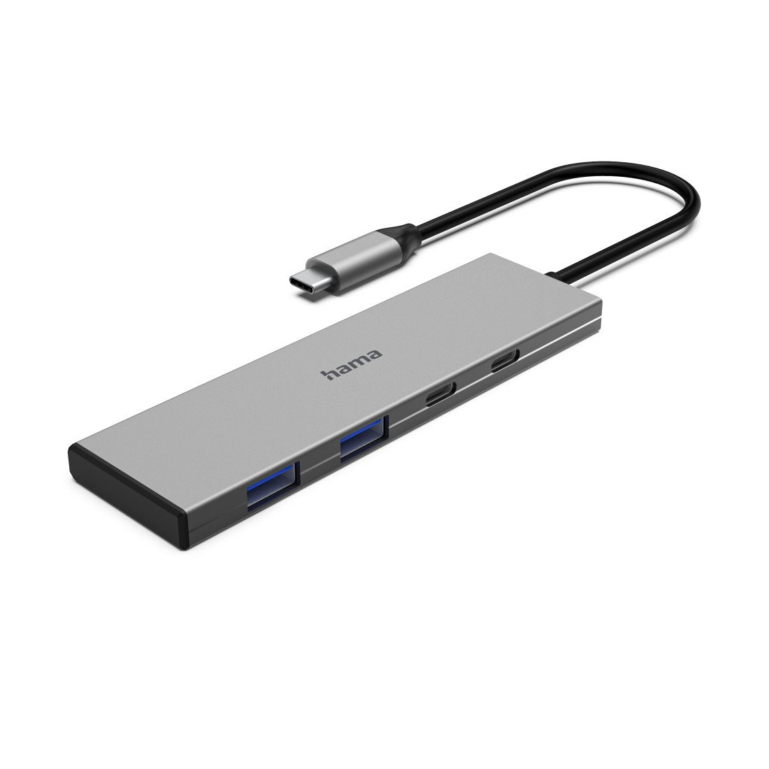 Ein grauer USB-C-Hub mit Anschlüssen und Kabel auf weißem Hintergrund.