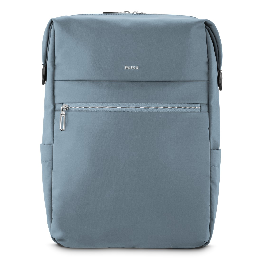 Ein blaugrauer Rucksack mit einem Reißverschlussfach vorne.