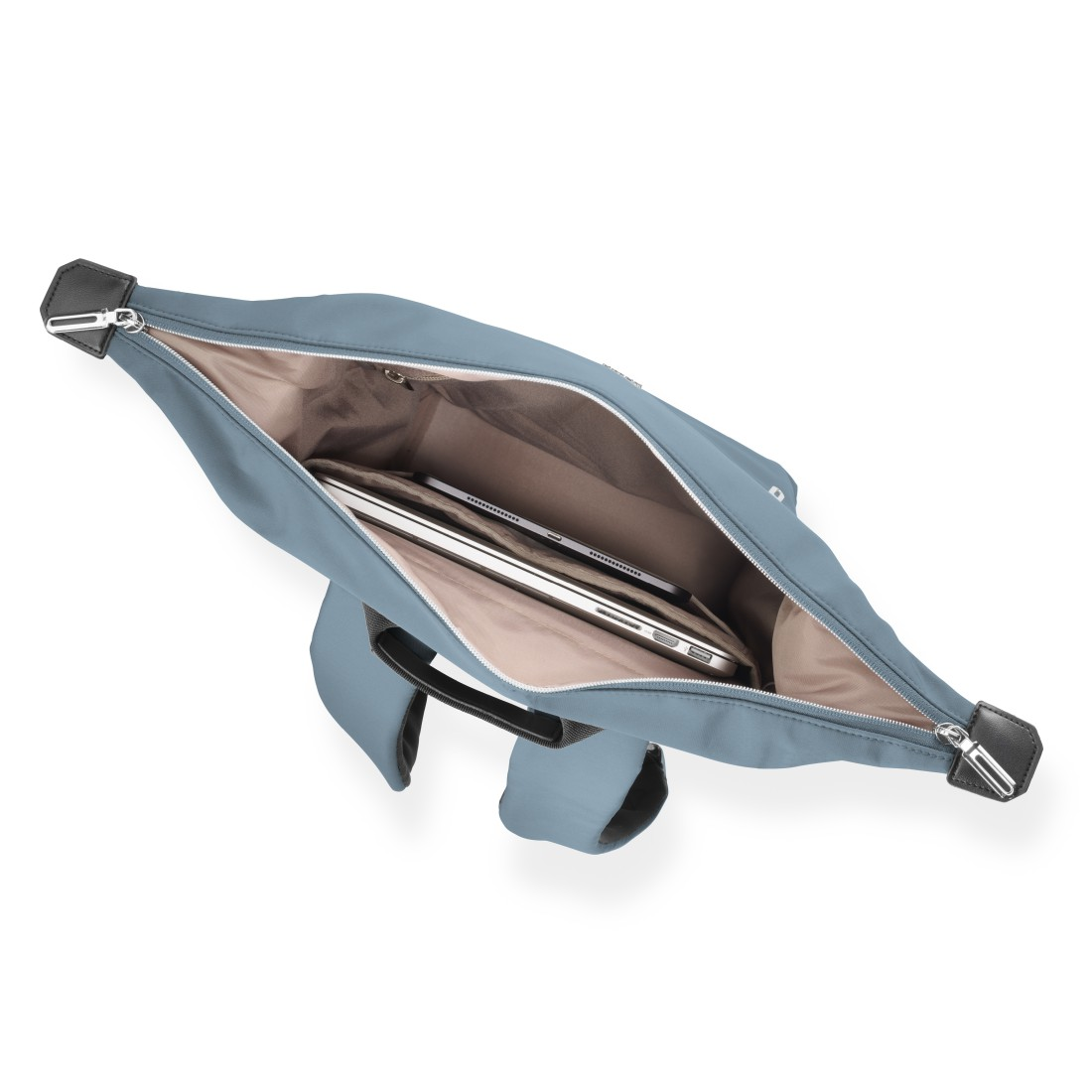 Blaue Tasche mit Laptop und Tablet im Inneren.
