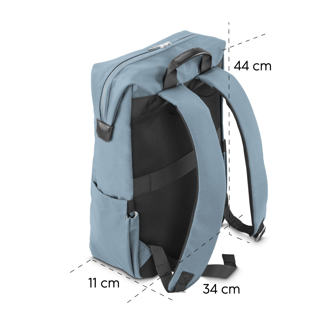 Ein blauer Rucksack mit Maßen von 44x34x11cm wird gezeigt.
