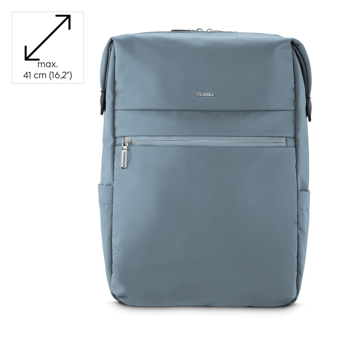 Ein blauer Rucksack mit einem Reißverschlussfach und Hama-Logo.