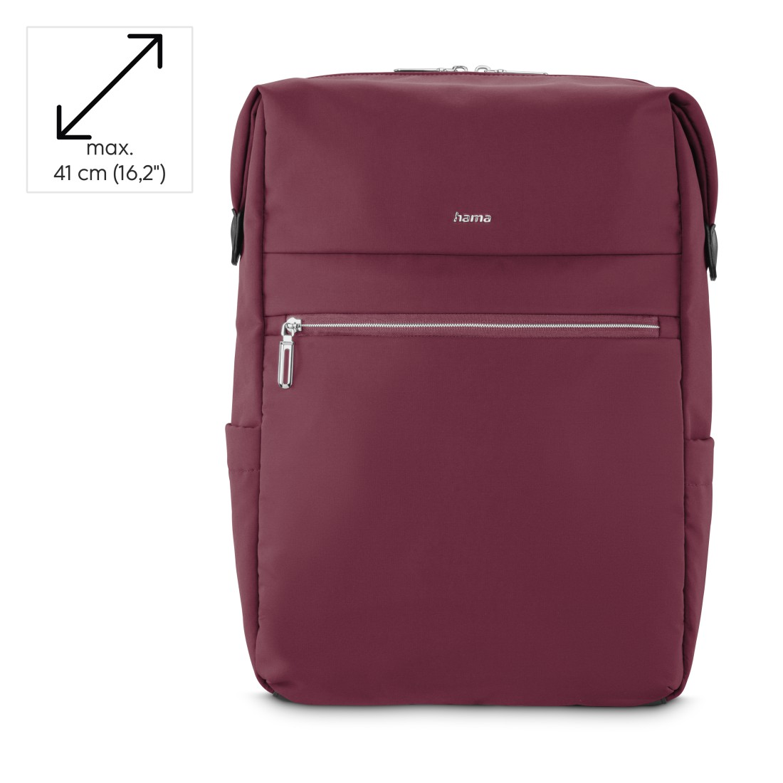 Bordeauxroter Rucksack mit Reißverschlusstasche vorn und seitlichen Taschen.