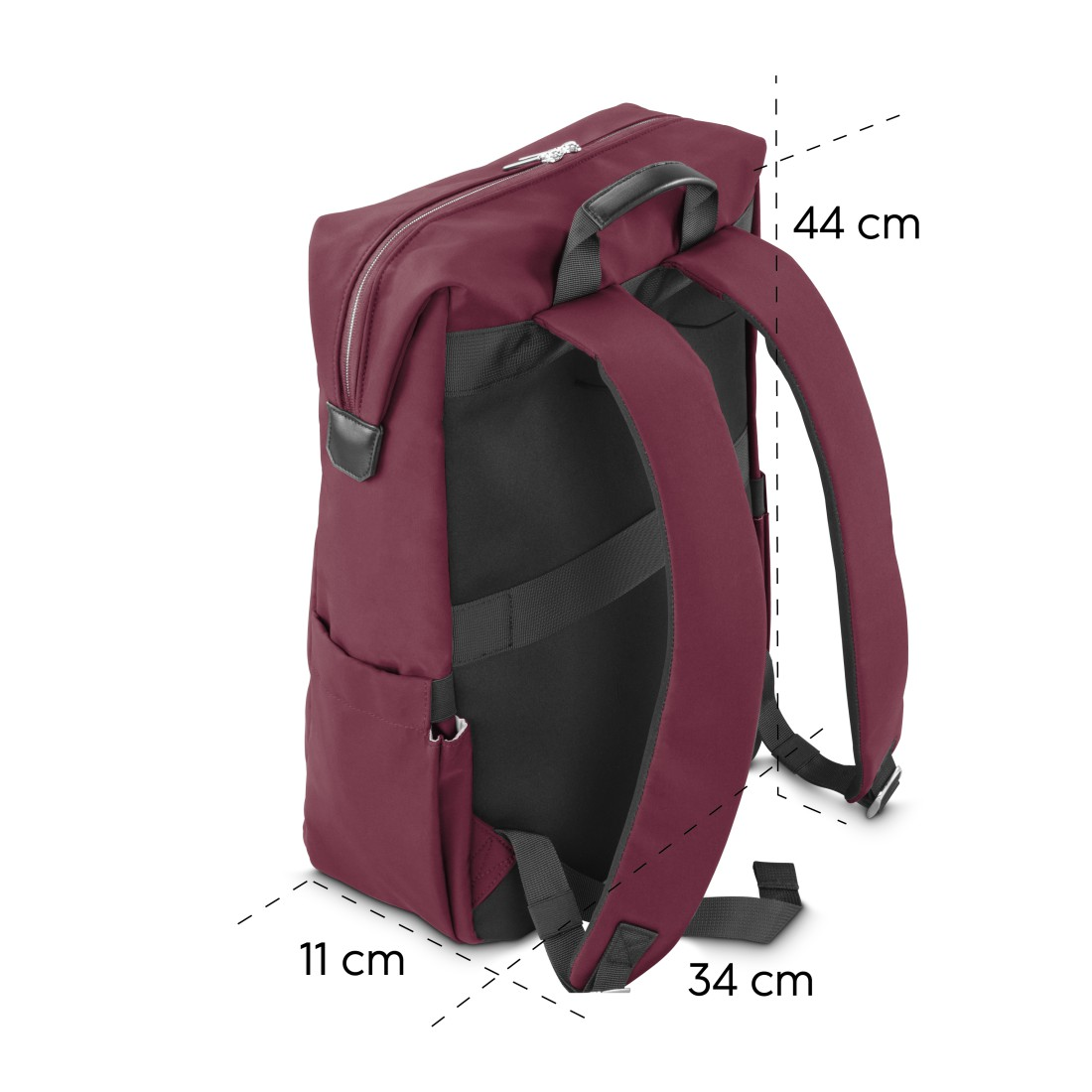 Dunkelroter Rucksack mit schwarzen Trägern. Maße: 44x34x11 cm.
