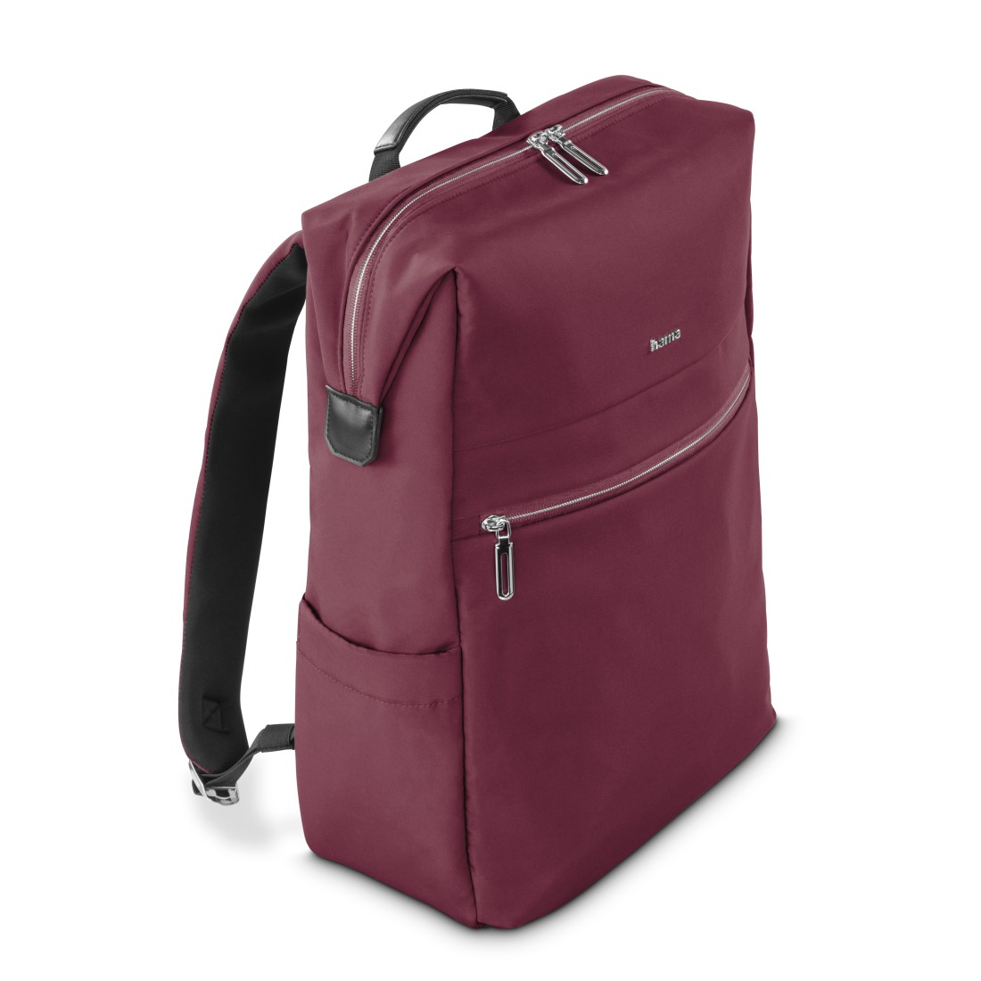 Ein burgunderroter Rucksack mit schwarzen Trägern und silbernen Reißverschlüssen.