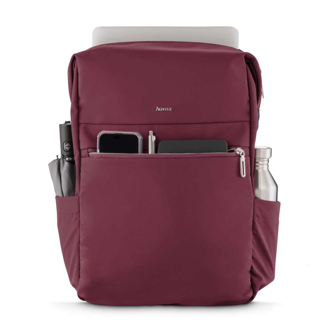 Rote Hama-Rucksack mit Laptop, Handy, Stift, Flasche & Regenschirm.