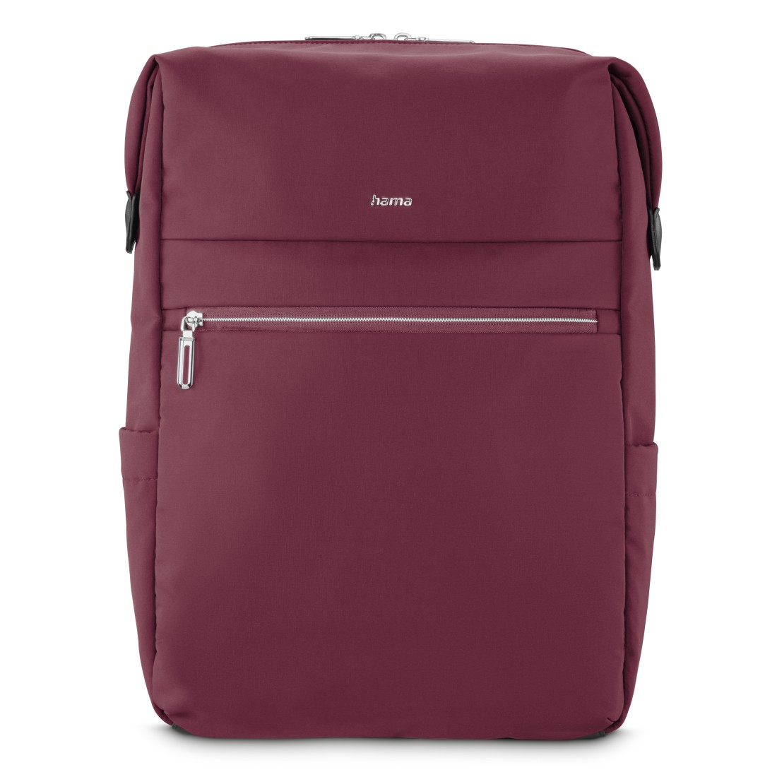 Eine bordeauxrote Rucksacktasche mit einem Reißverschlussfach vorne.