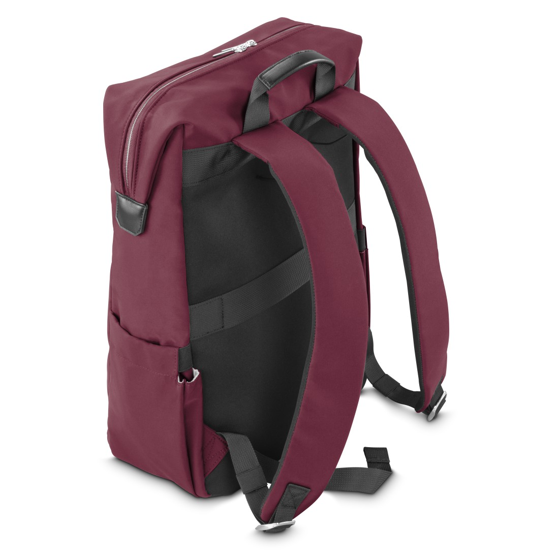 Ein burgunderroter Rucksack mit schwarzen Riemen und Reißverschlüssen.