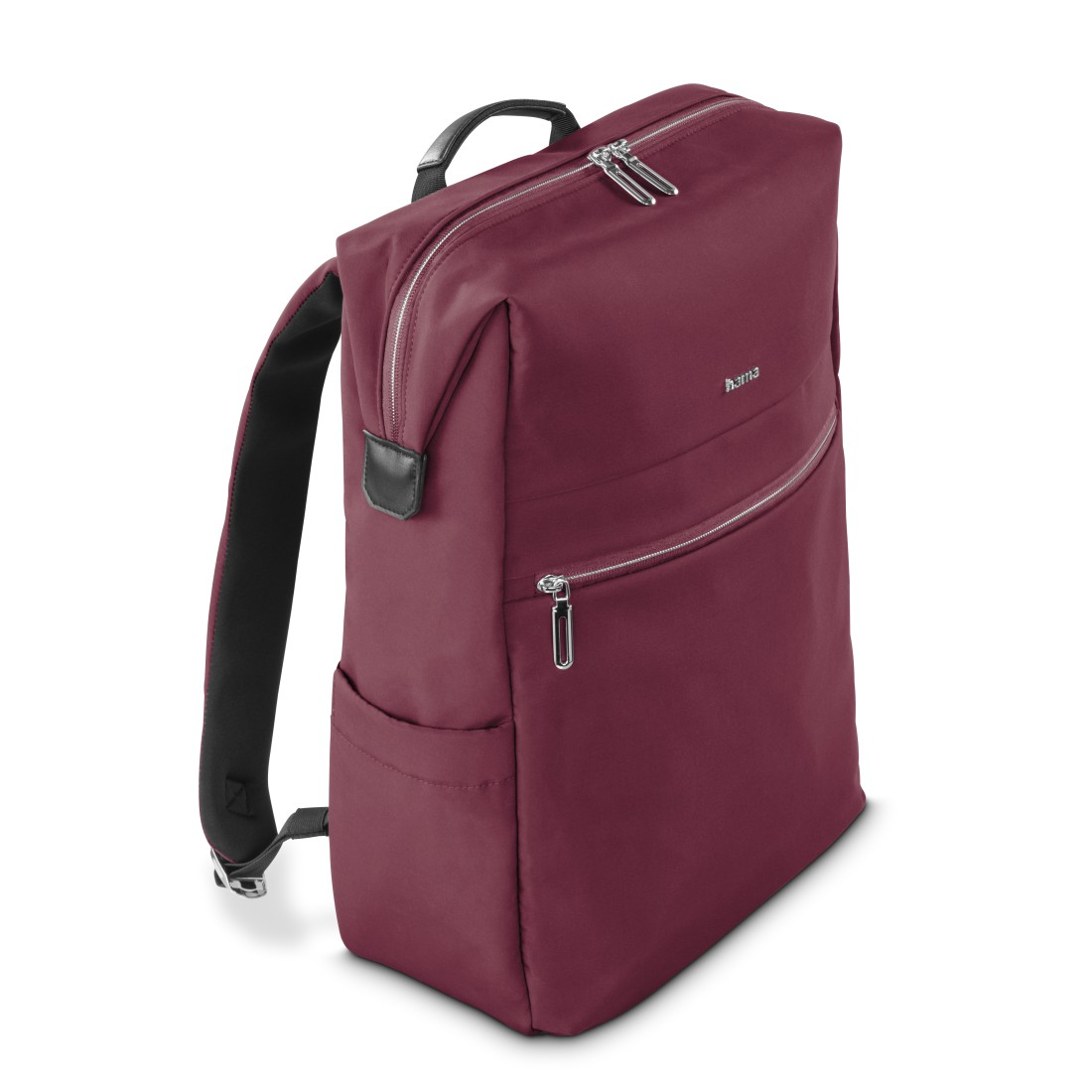 Ein burgunderroter Rucksack mit silbernen Reißverschlüssen und schwarzem Tragegriff.