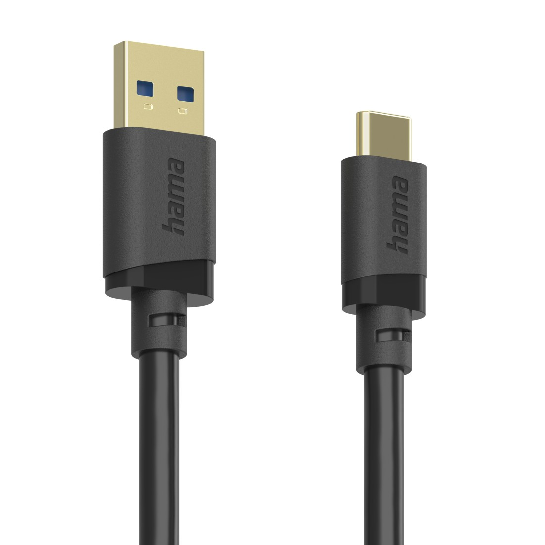 Zwei Hama USB-Kabel auf weißem Hintergrund, ein USB-A und ein USB-C Stecker.